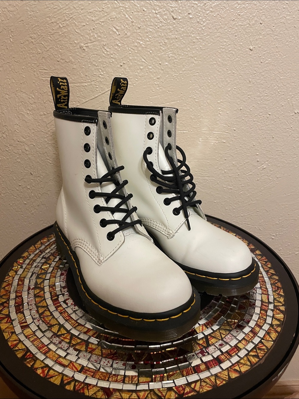 Dr. Martins Air Wair White Lace-Up Women's w/Black Trim & Yellow Stitching 7